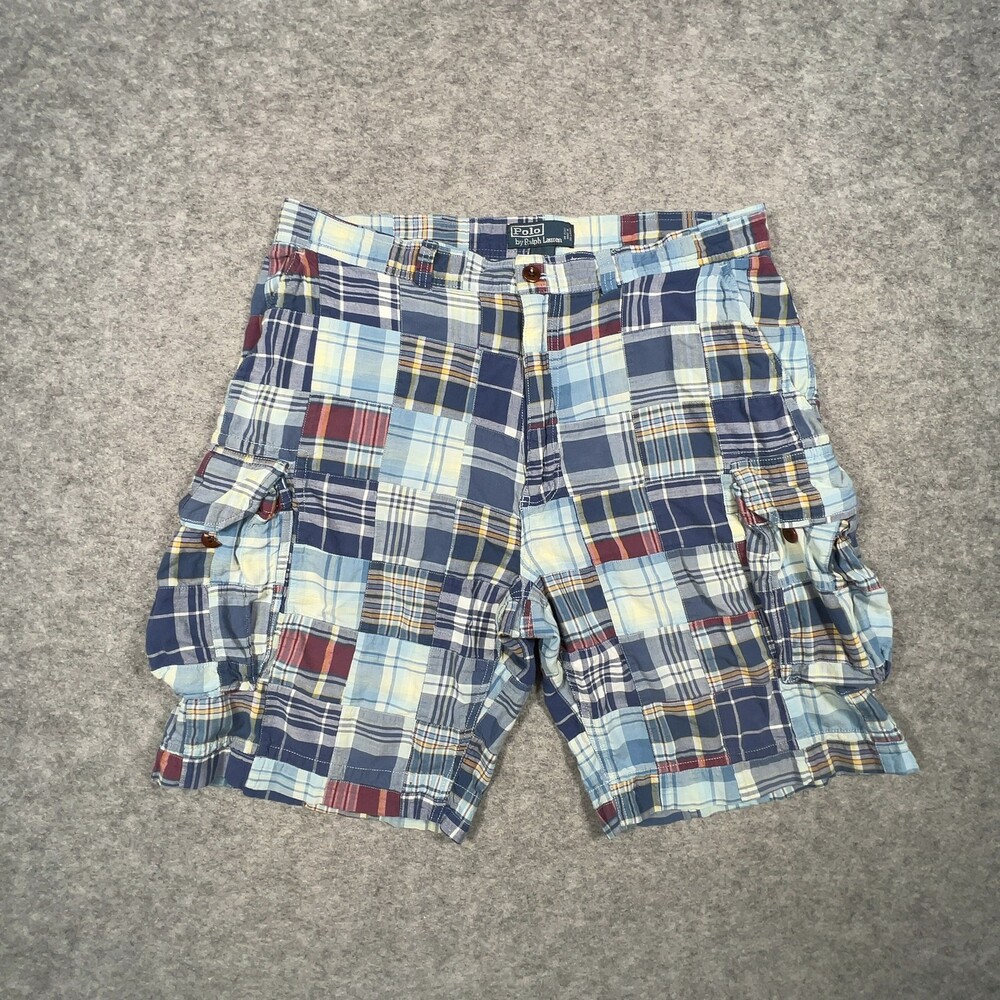 Polo Ralph Lauren Cargo Shorts Mens 38 Blue Madras Patchwork Casual